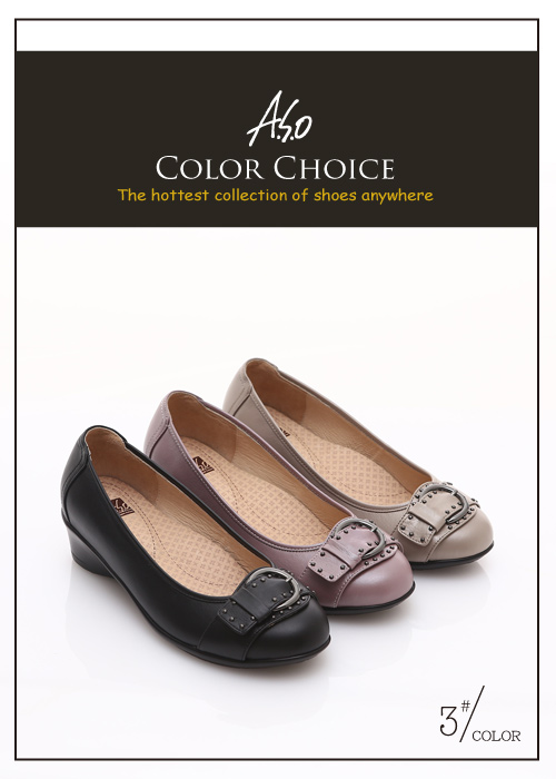 A.S.O 舒適通勤 真皮鉚釘皮帶飾扣奈米楔型跟鞋 卡其