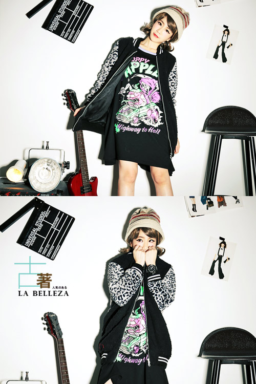 【La Belleza】古著‧豹紋接袖毛絨絨背女孩圖案拉鍊外套