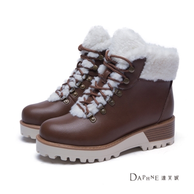 達芙妮DAPHNE-短靴-羔毛拼接撞色綁帶平底短靴-棕