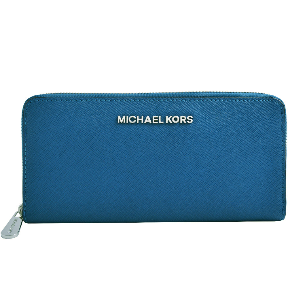 MICHAEL KORS Jet Set Travel 銀LOGO防刮皮革拉鍊長夾-鋼藍