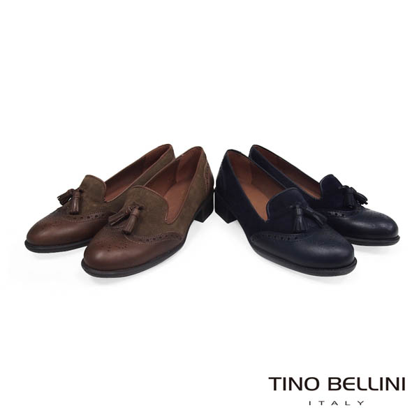 Tino Bellini 西班牙真皮雕花流蘇低跟樂福鞋_深咖