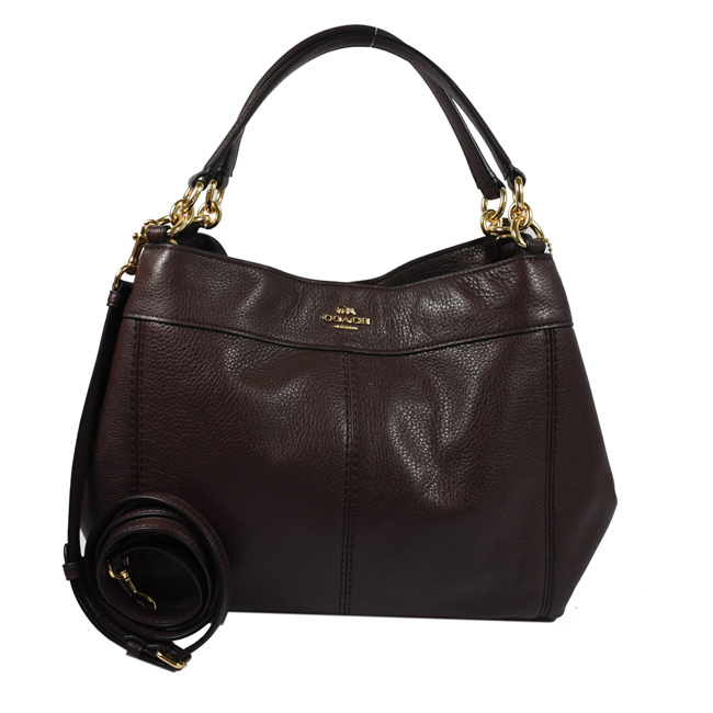 COACH 金屬logo荔枝牛皮兩用賈姬包(深咖紫)