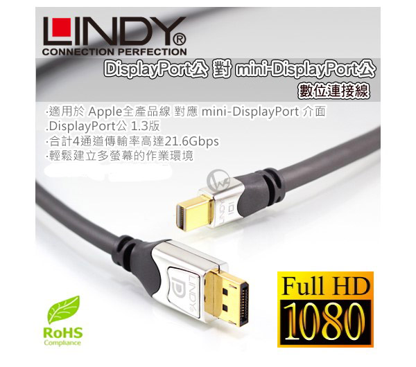 LINDY 林帝 miniDP公 對 DP公 1.3版 數位連接線 3m (41553)