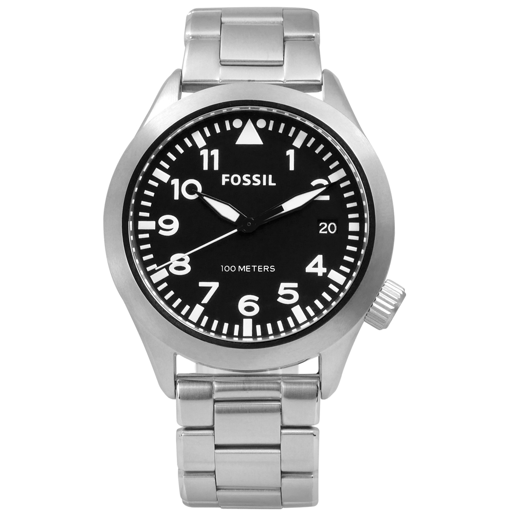 FOSSIL Aeroflite 力量美學日期不鏽鋼腕錶-黑色/43mm