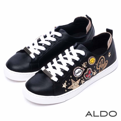 ALDO 美式塗鴉趣金蔥徽章厚底休閒鞋~尊爵黑色