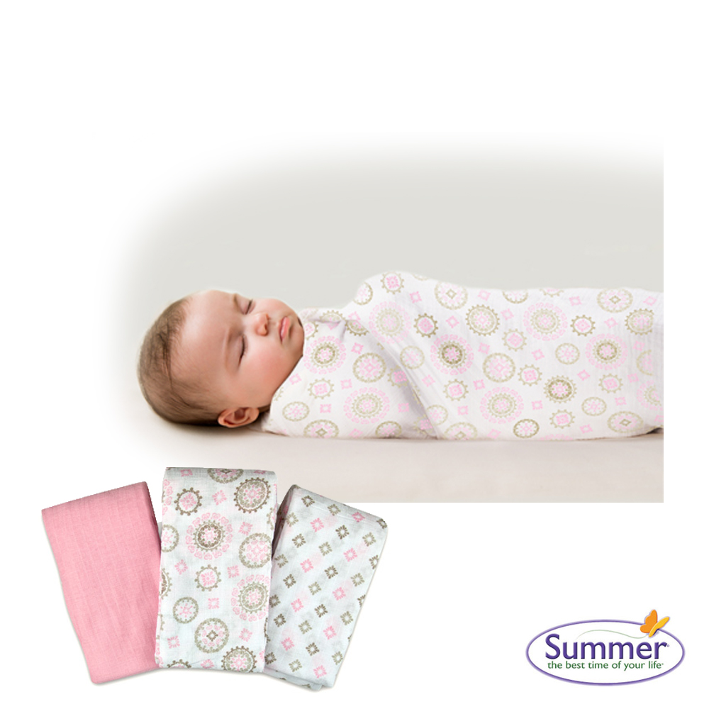 美國 Summer Infant 輕量細棉紗布寶寶毯3入組 - 彩鑽粉