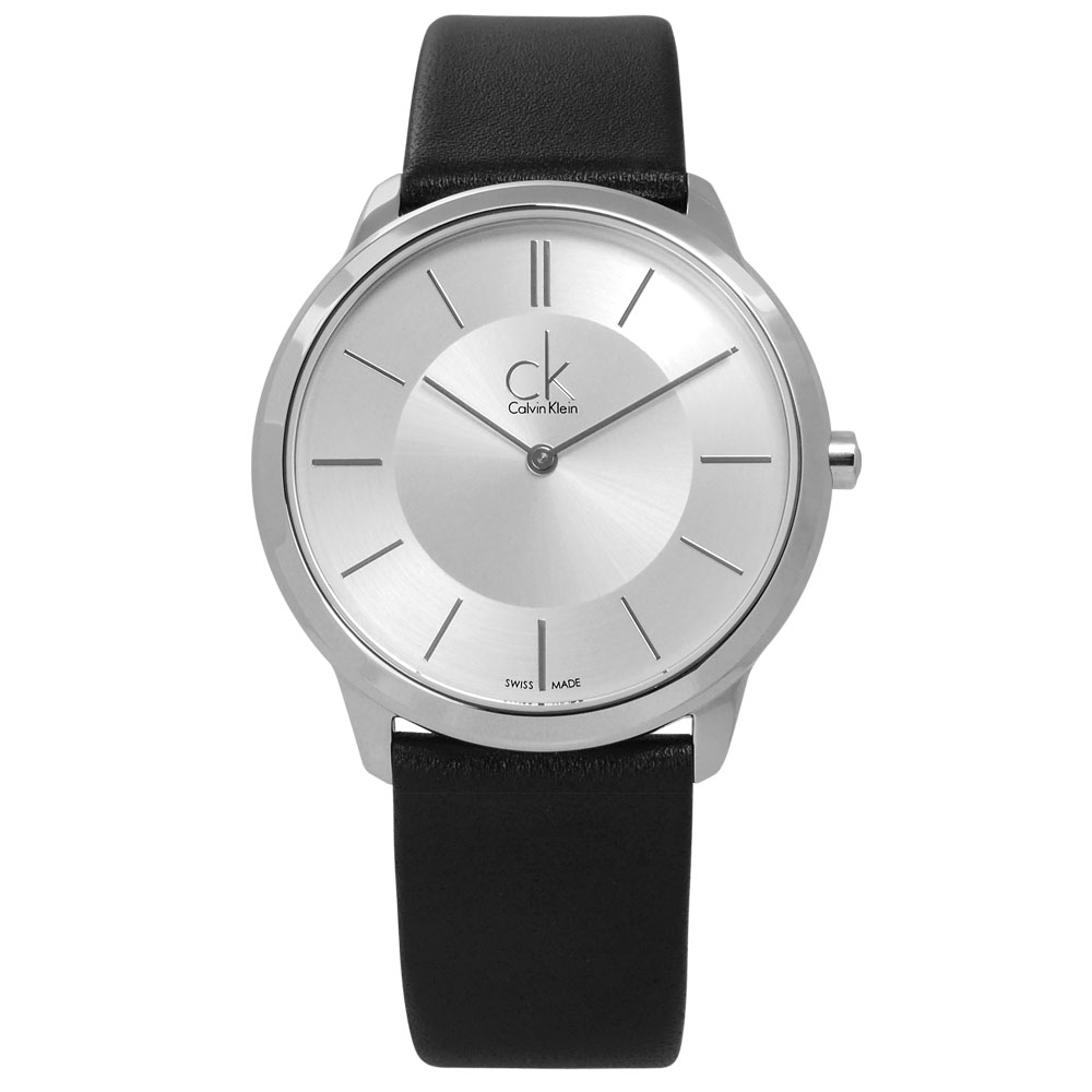CK 時尚曼哈頓簡約風皮革腕錶-銀x黑/39mm