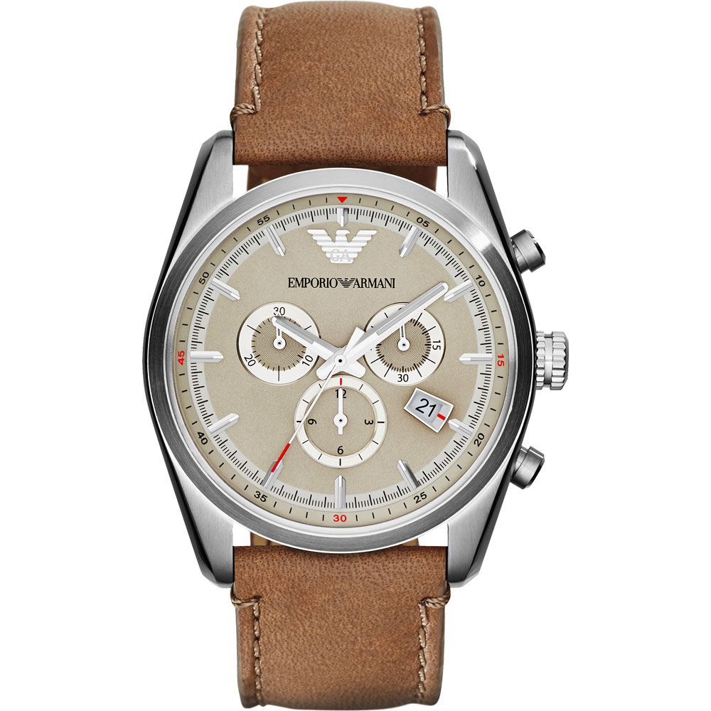 ARMANI 義式時尚三眼計時腕錶-灰x咖啡/43mm
