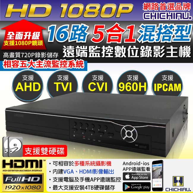 奇巧 16路2聲 五合一 AHD TVI CVI 支援1080P雙硬碟款數位監控錄影主機
