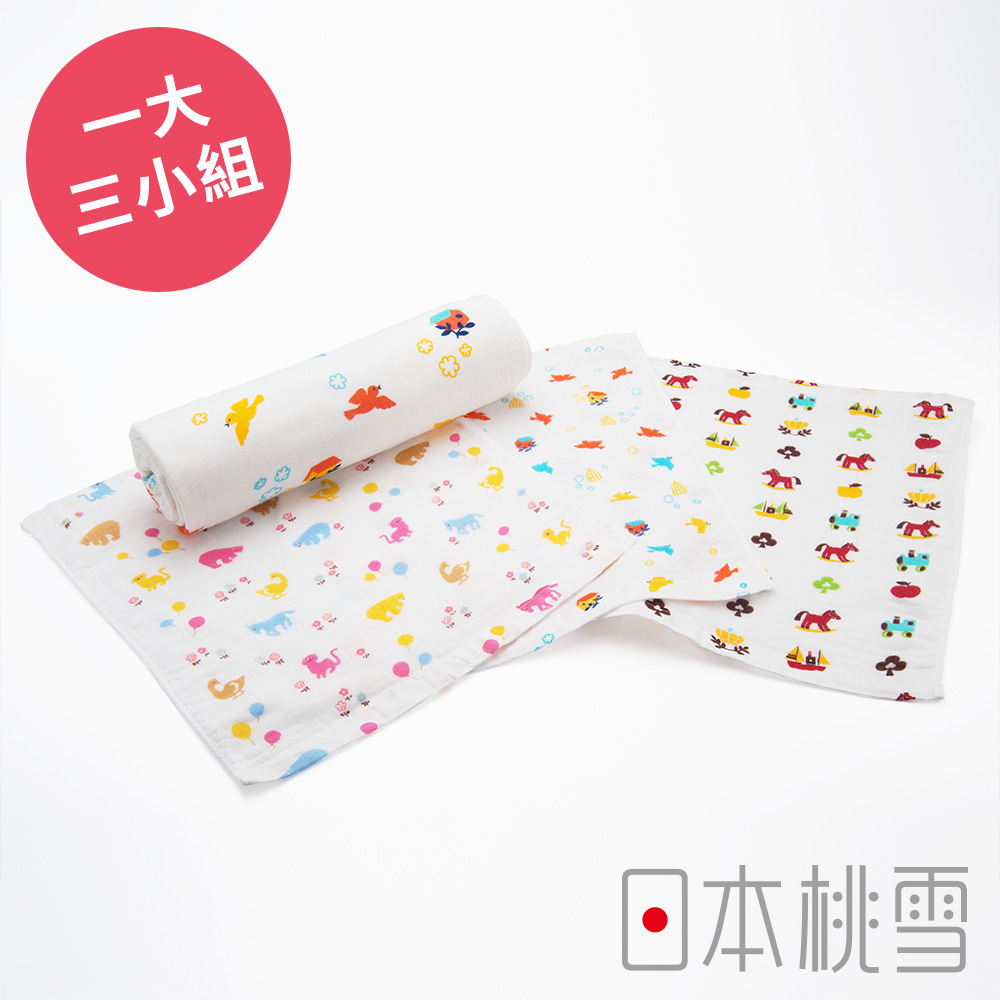 日本桃雪可愛紗布浴巾x1+方巾x3(可愛好朋友-小小鳥)