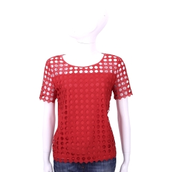 TORY BURCH 紅色圓點簍空拼接短袖T恤