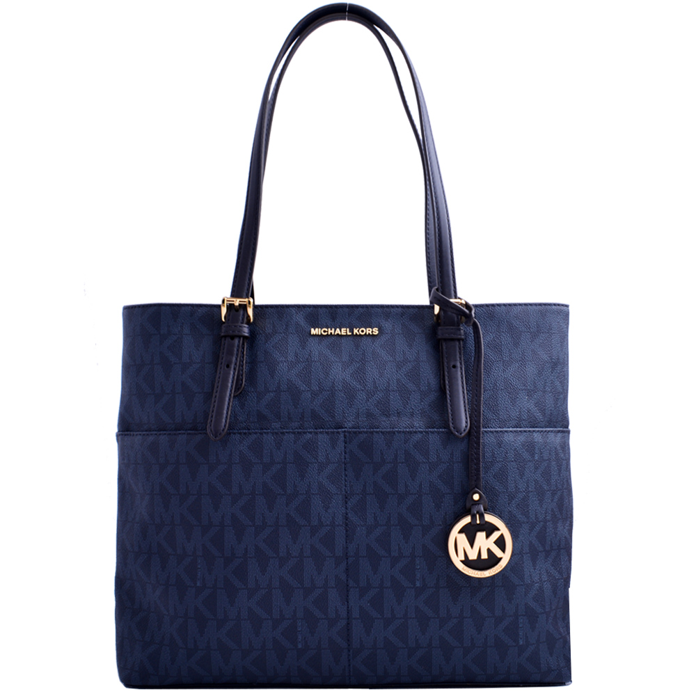 MICHAEL KORS Bedford 滿版LOGO防刮皮革肩提包-深藍