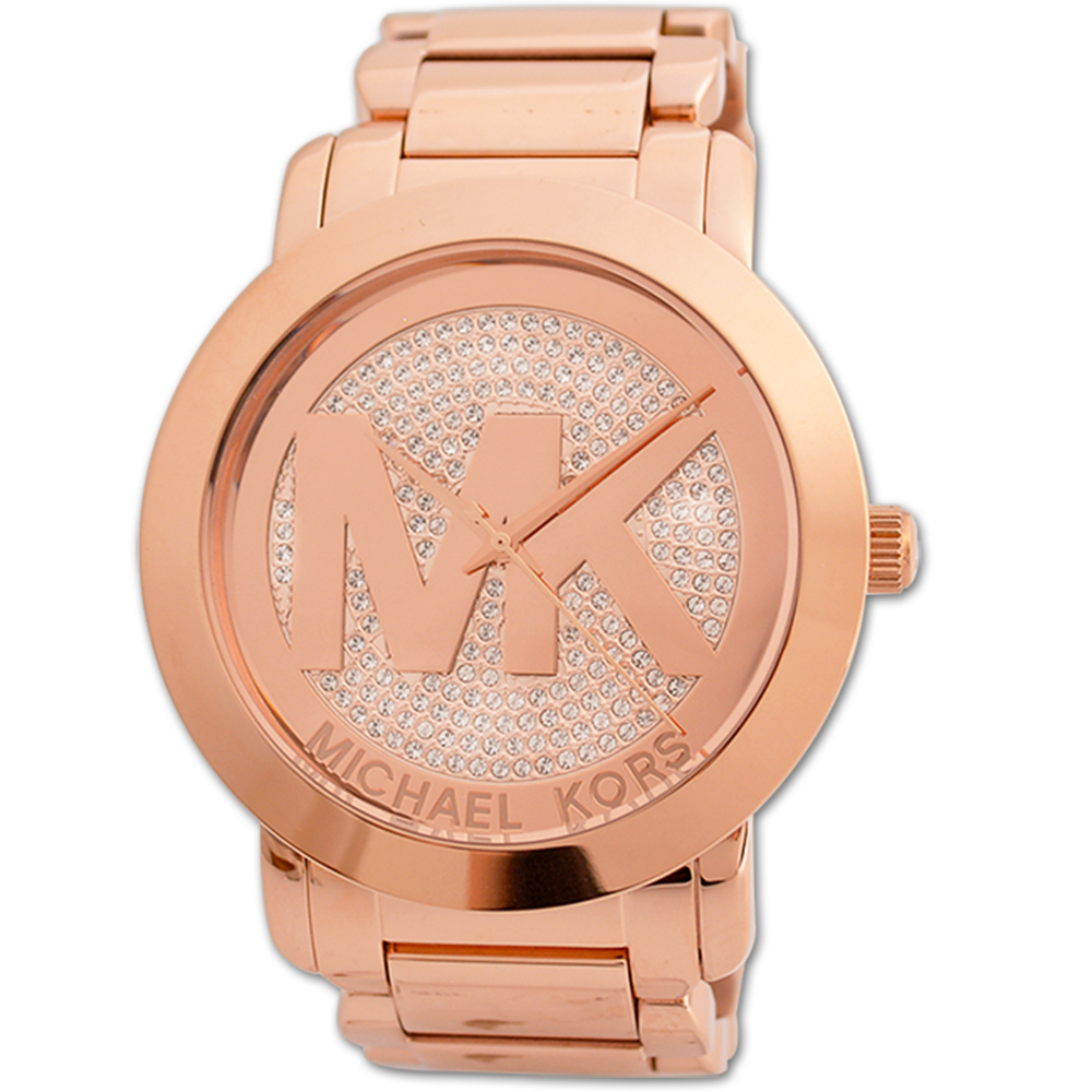 MICHAEL KORS MK 耀眼珍鑽玫瑰金大LOGO時尚不鏽鋼腕錶-45mm