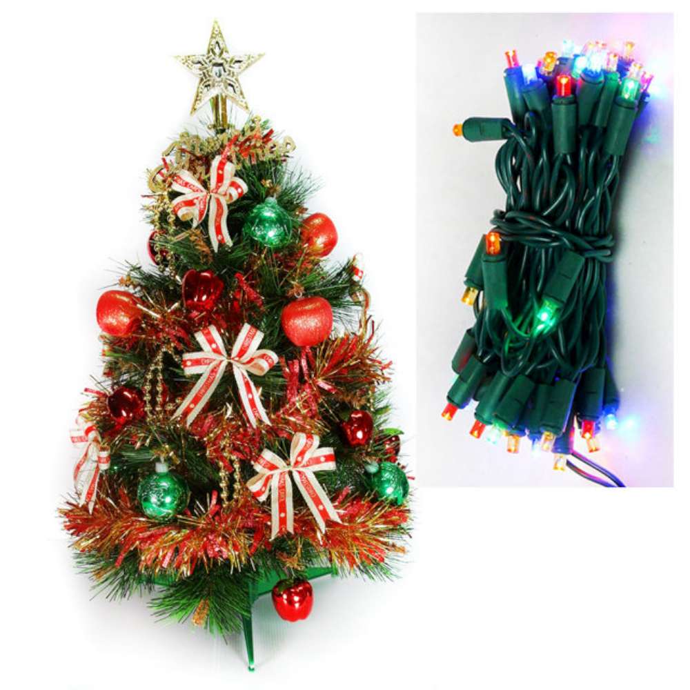 摩達客 台製2尺(60cm)綠松針葉聖誕樹(+紅金色系飾品組)+LED50燈彩色