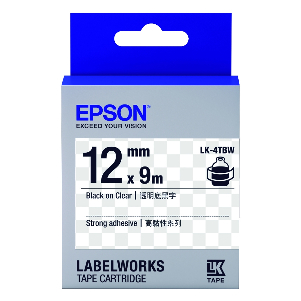 EPSON C53S654411 LK-4TBW高黏性透明底黑字標籤帶(寬度12mm)