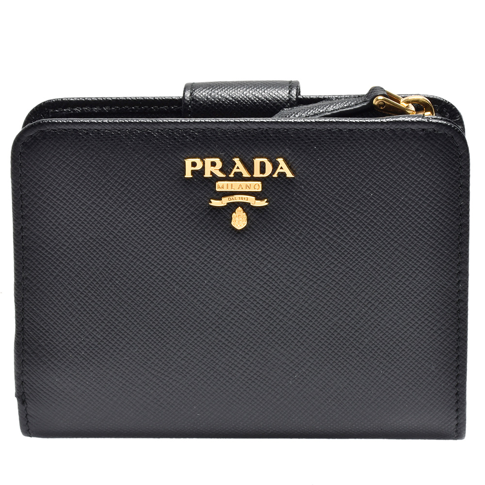 PRADA SAFFIANO METAL經典金色金屬浮雕LOGO防刮牛皮短夾/零錢包(黑