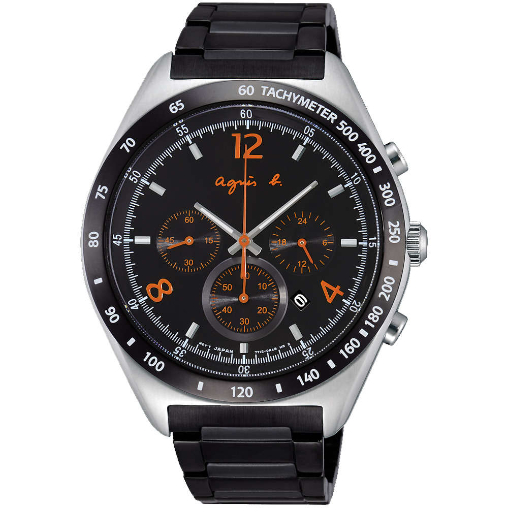 agnes b. 環視宇宙三眼計時腕錶(BW8002P1)-黑x橘/42mm