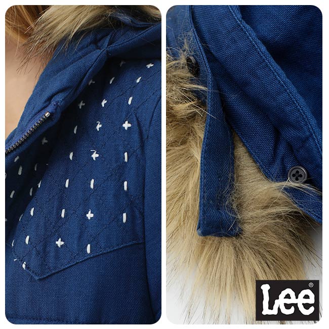 Lee 連帽可拆式毛邊舖棉外套-女-藍