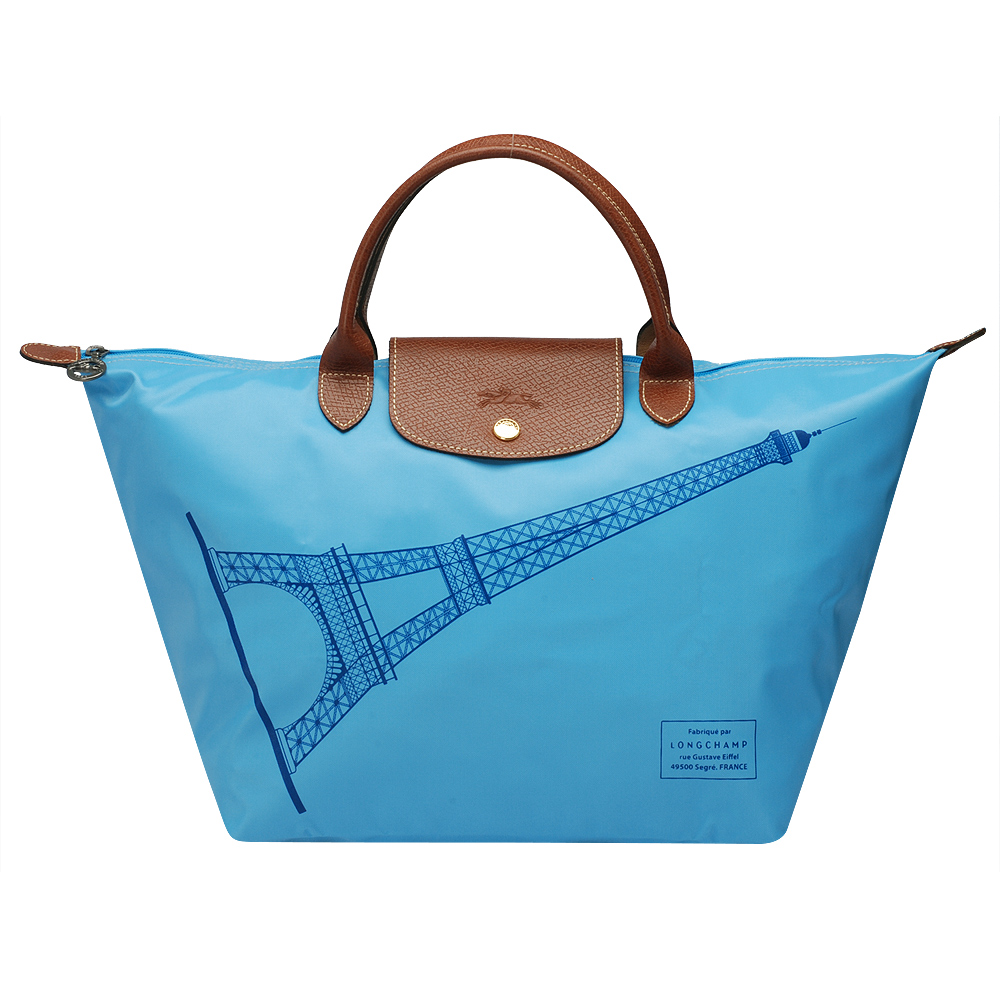 LONGCHAMP 巴黎鐵塔紀念款拉鍊摺疊短把購物包(中-蔚藍色)