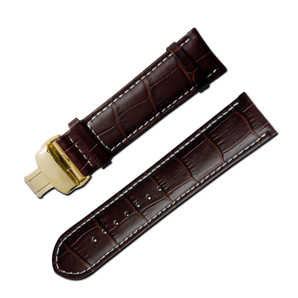 Watchband 經典復刻時尚指標壓紋真皮雙邊壓扣錶帶 棕x白x金扣