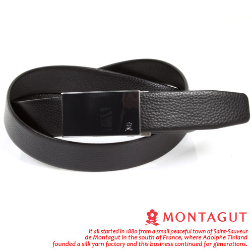 MONTAGUT夢特嬌-經典方框黑底點紋Logo款-二層牛皮自動扣皮帶-757