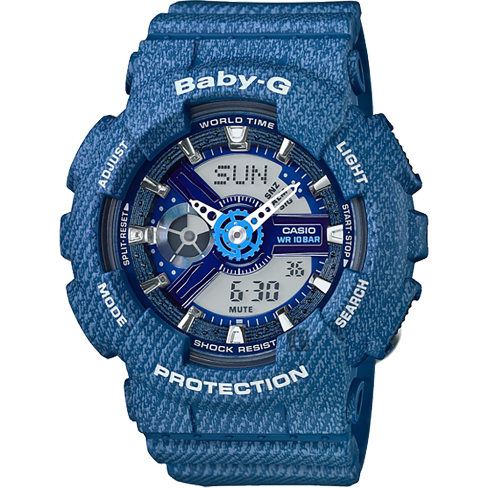 CASIO卡西歐 Baby-G 丹寧雙顯手錶-蔚藍色/43.4mm