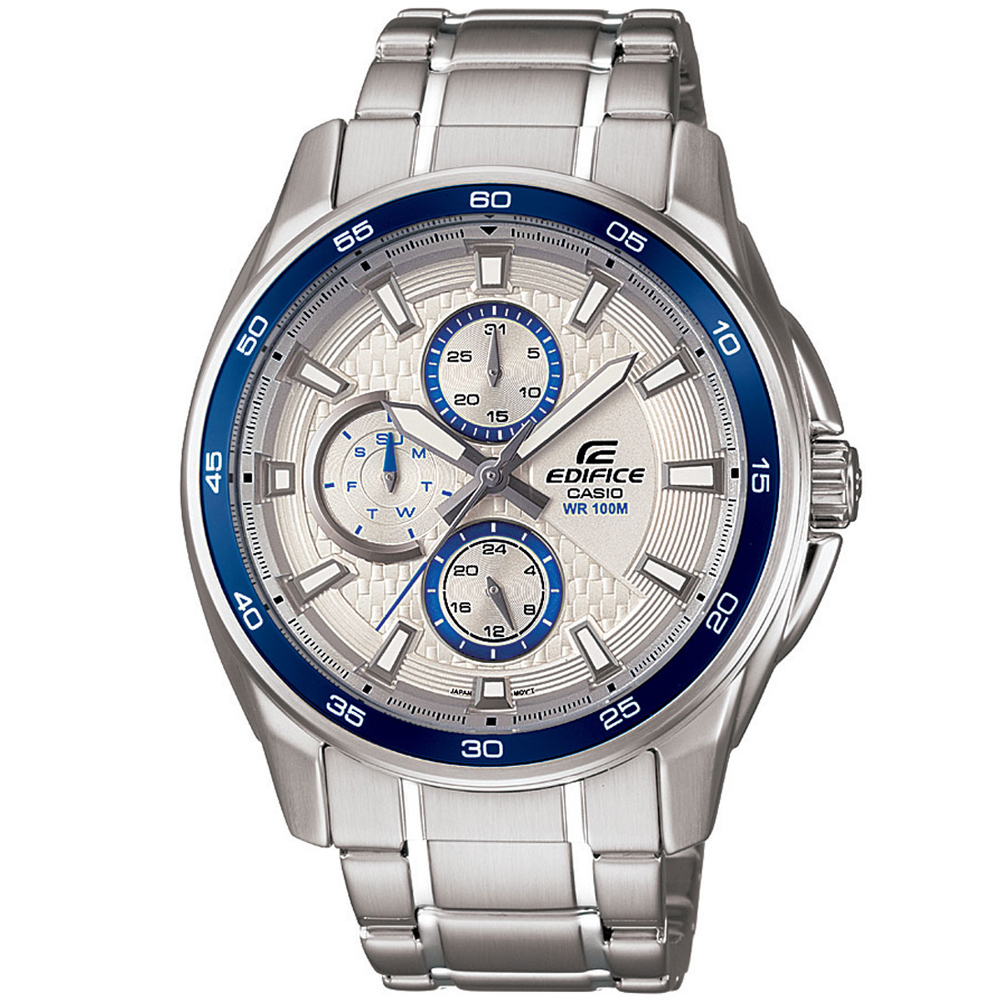 CASIO EDIFICE 城市三眼指針不銹鋼錶-白面