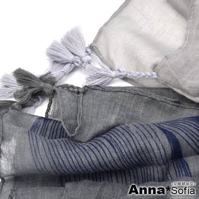 【滿額再75折】AnnaSofia 線葉恢雙色 流蘇墬披肩圍巾(雙灰藍系)
