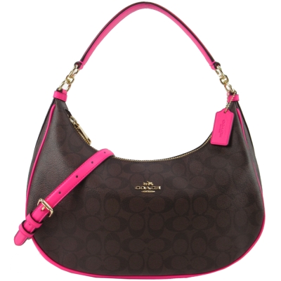 COACH 馬車 LOGO PVC 彎月肩背/斜背兩用包(深咖桃)