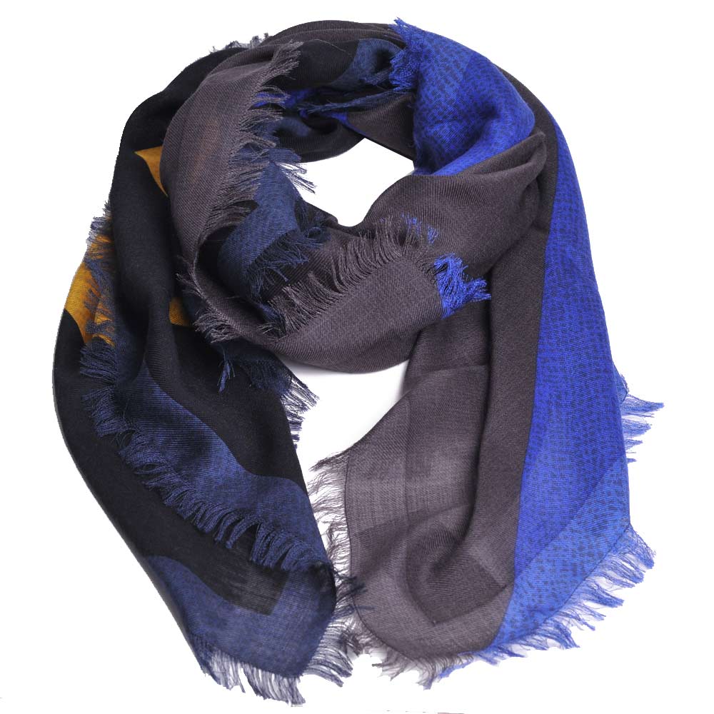 FENDI 經典怪獸圖騰羊毛混搭絲質造型絲巾披肩(黃/灰/藍)