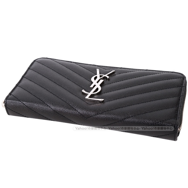 YSL Saint Laurent MONOGRAM 斜壓荔紋拉鍊長夾(黑色)