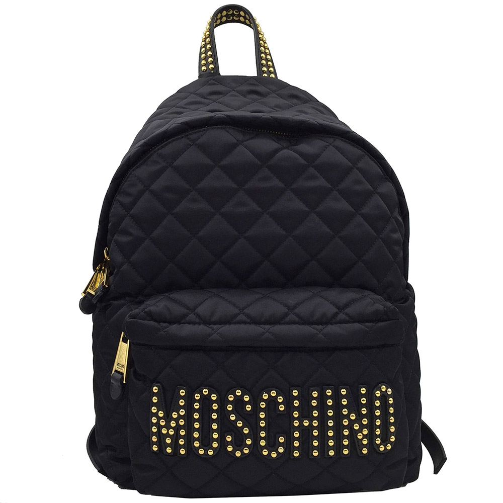 Moschino 品牌字母LOGO 鉚釘圖騰尼龍菱格紋後背包(黑)