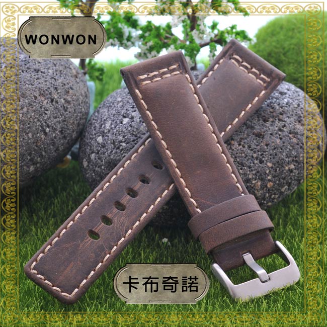 沛納海代用皮帶名廠同級卡布奇諾咖啡車米色線瘋馬皮錶帶-24*22mm