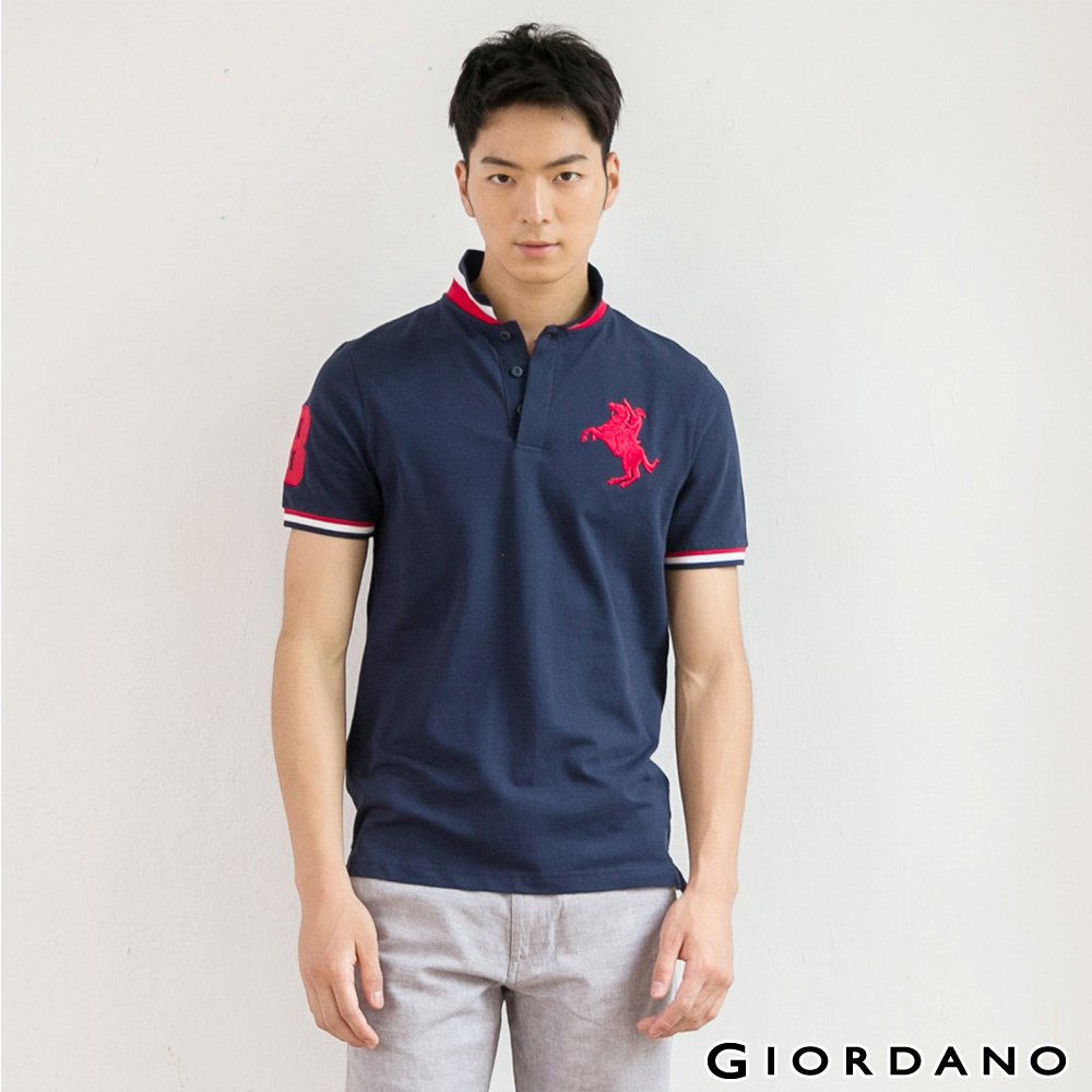 GIORDANO 男裝拿破崙刺繡彈性POLO衫- 35 標誌海軍藍