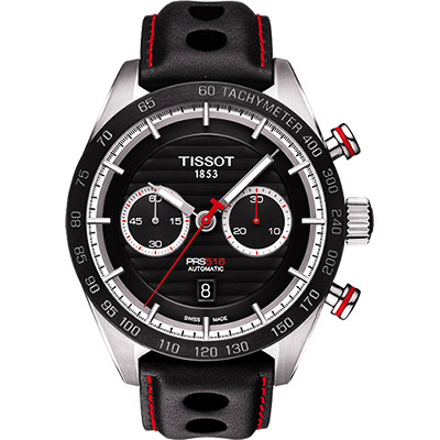 TISSOT 天梭 官方授權 PRS516 系列計時機械皮帶腕錶 送禮推薦-黑x紅針/45mm T1004271605100