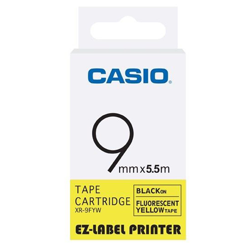 CASIO標籤機專用特殊色帶-9mm(瑩光色材質)瑩光黃底黑字-XR-9FYW1