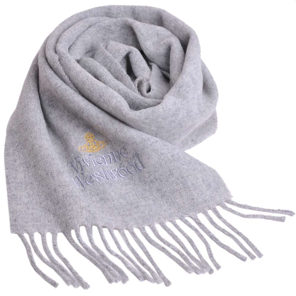 Vivienne Westwood 長版金色刺繡行星LOGO羊毛圍巾(淺灰)