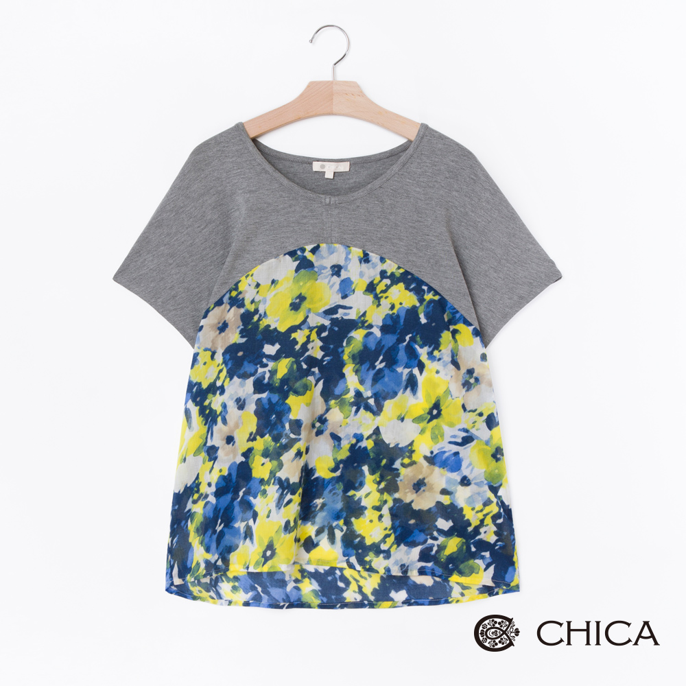 CHICA 油畫手繪風異材質拼接設計上衣(2色)