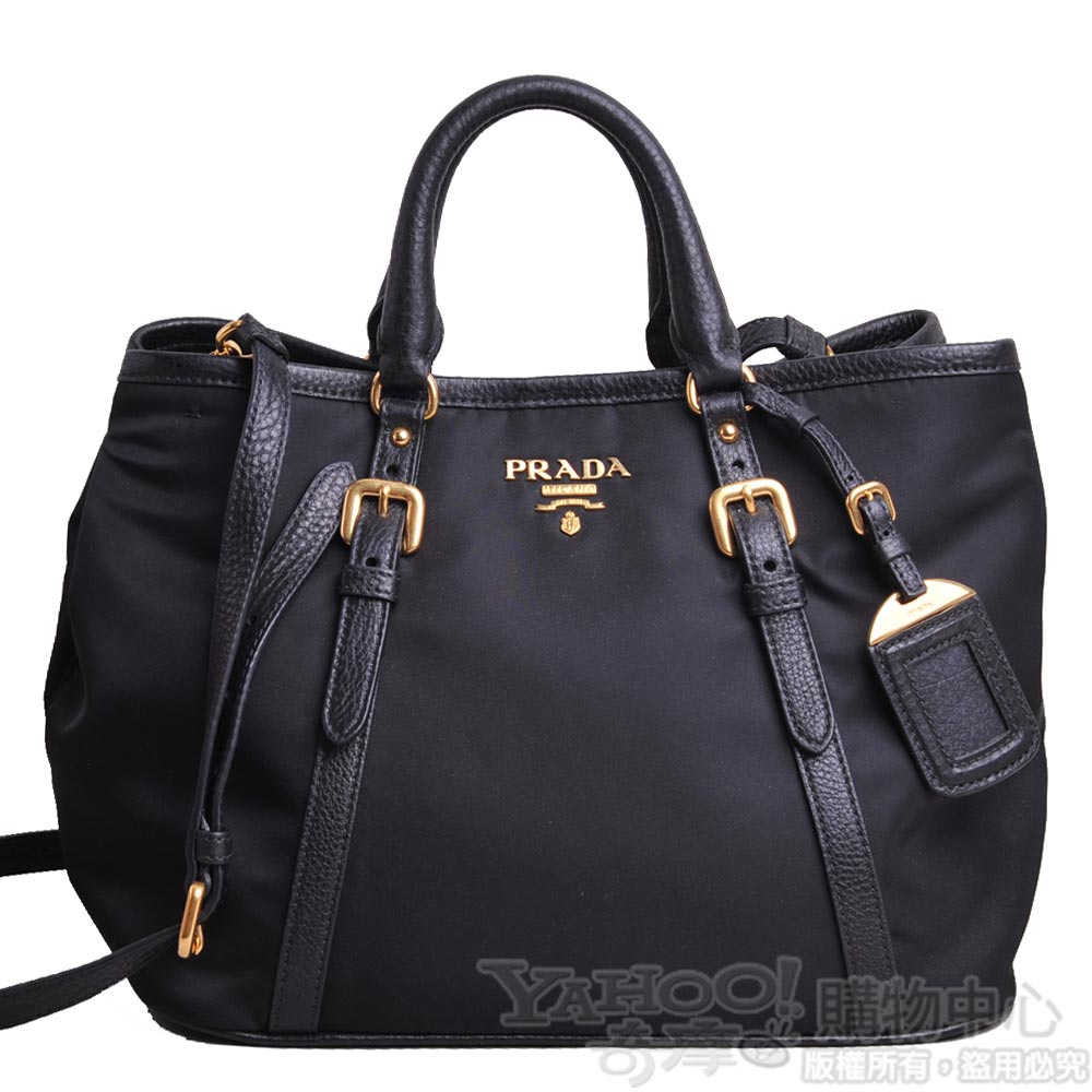 PRADA TESSUTO VIT.DAIN經典立體LOGO雙槓肩揹/斜背包(黑)