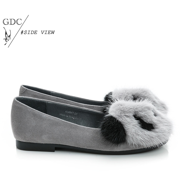GDC百搭-熊貓造型絨布面真皮平底娃娃鞋-槍灰色