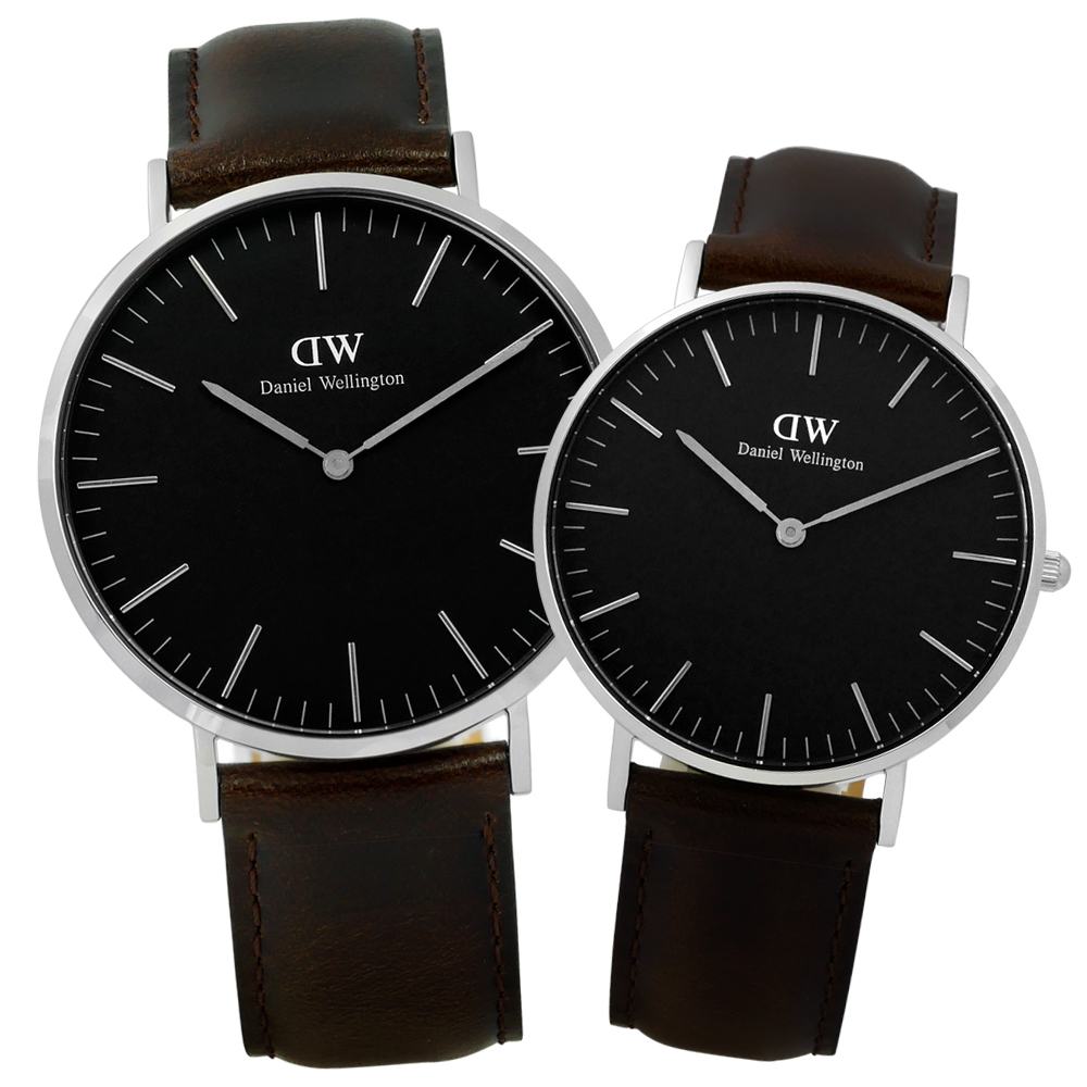 DW Daniel Wellington 旗艦真皮對錶-黑x深咖啡/40mm+36mm