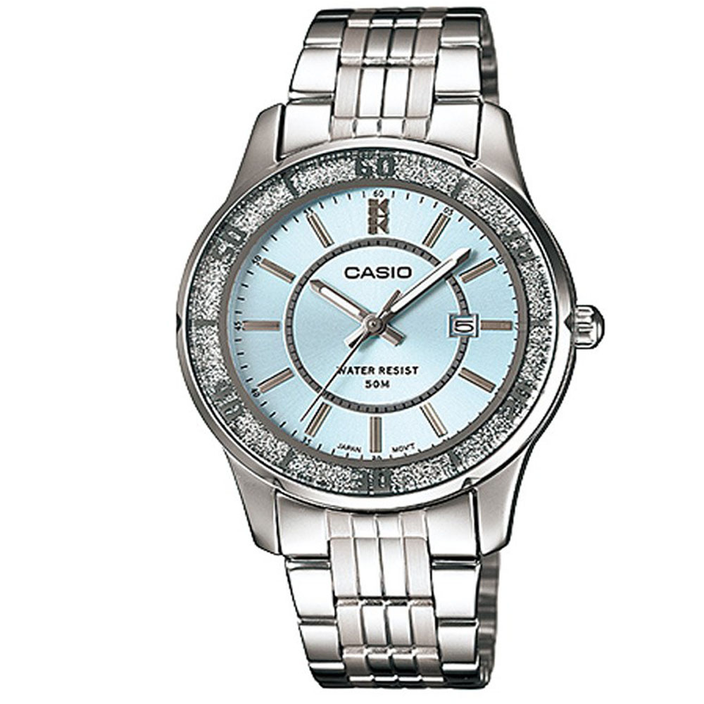 CASIO 簡約風采閃亮時尚日曆指針腕錶-水藍色/34mm