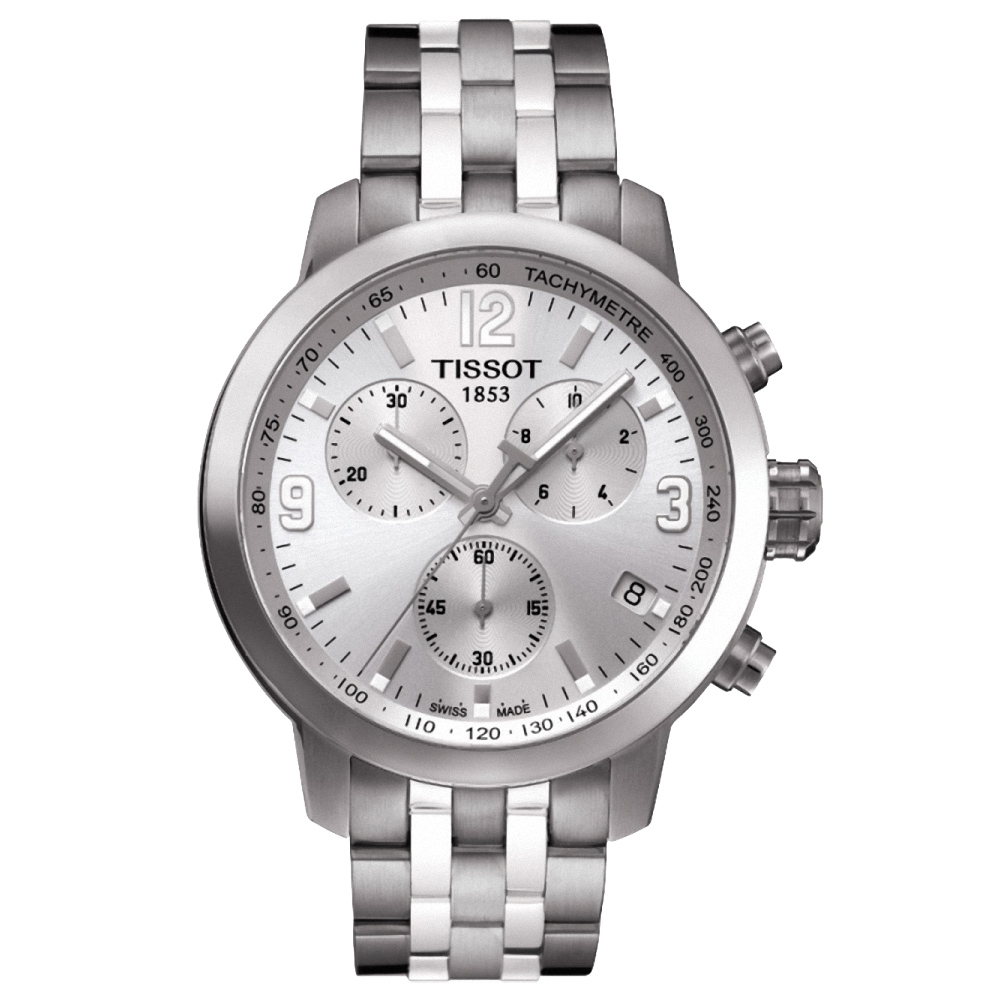 TISSOT PRC200 霸氣時尚三眼計時腕錶-銀/42mm