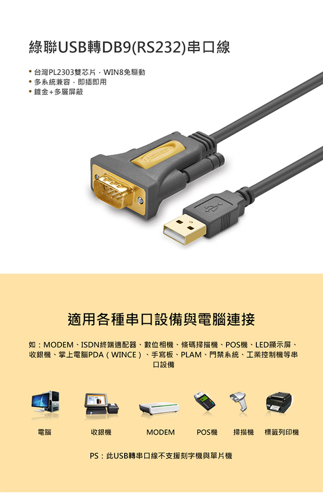 綠聯 USB to RS-232訊號轉換器 2M