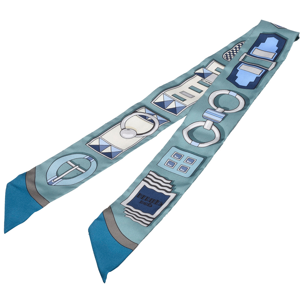 HERMES Boucles系列釦環造型Twilly絲巾/領結(青瓷綠X藍色)