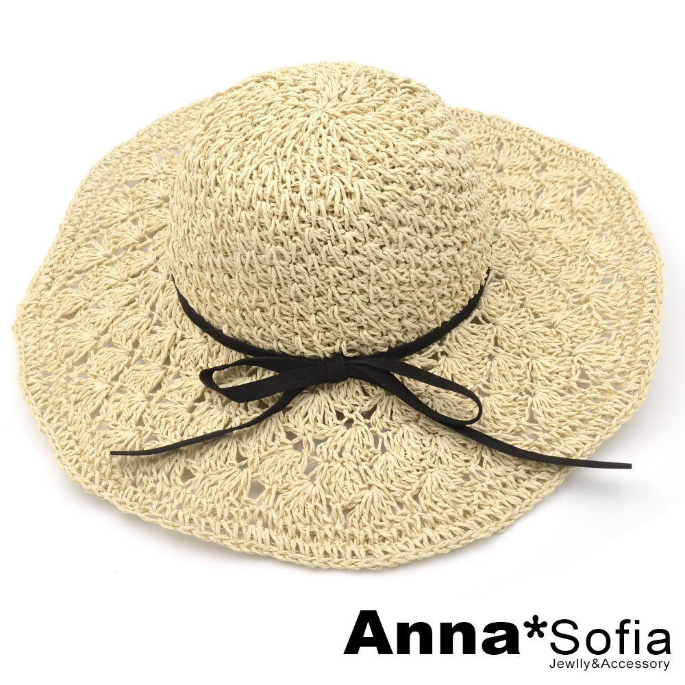 AnnaSofia 手工花編簷黑綁帶 寬簷防曬遮陽草帽(米杏系)