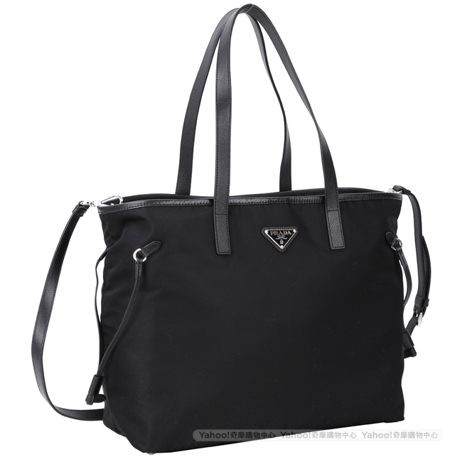 PRADA Tessuto 三角牌抽繩尼龍兩用托特包(附皮革背帶/黑色)