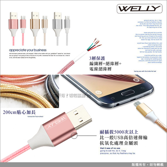 WELLY HTC/三星/索尼 Micro USB二代金屬系經典編織充電線(2M)