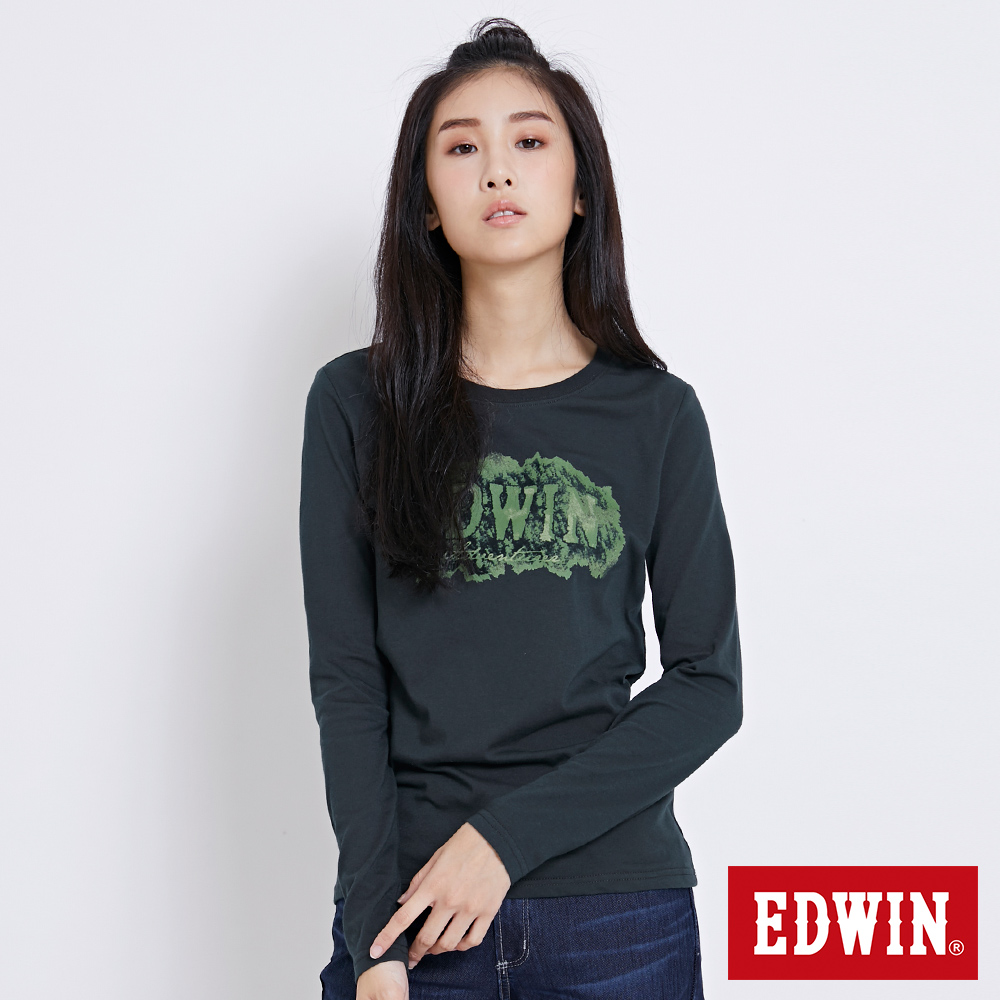 EDWIN 冒險旅行忘憂森林LOGO長袖T恤-女-墨綠