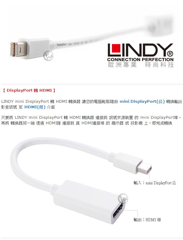 LINDY 林帝 mini DP公 轉 HDMI母 轉換器 (41014)